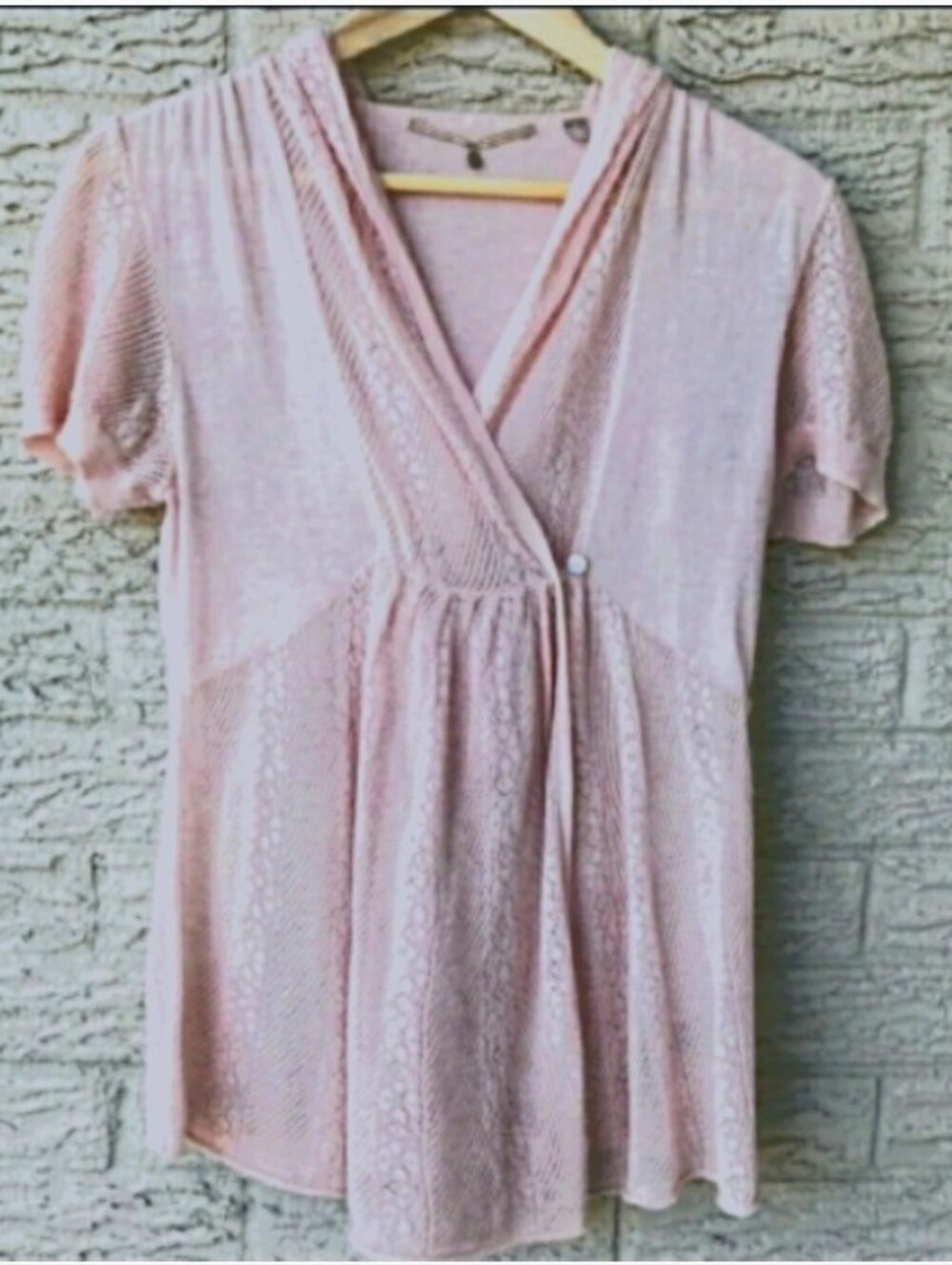 Free People Women's Pink Knit Hooded V-Neck Knit Top W/ Cap Sleeves SZ M